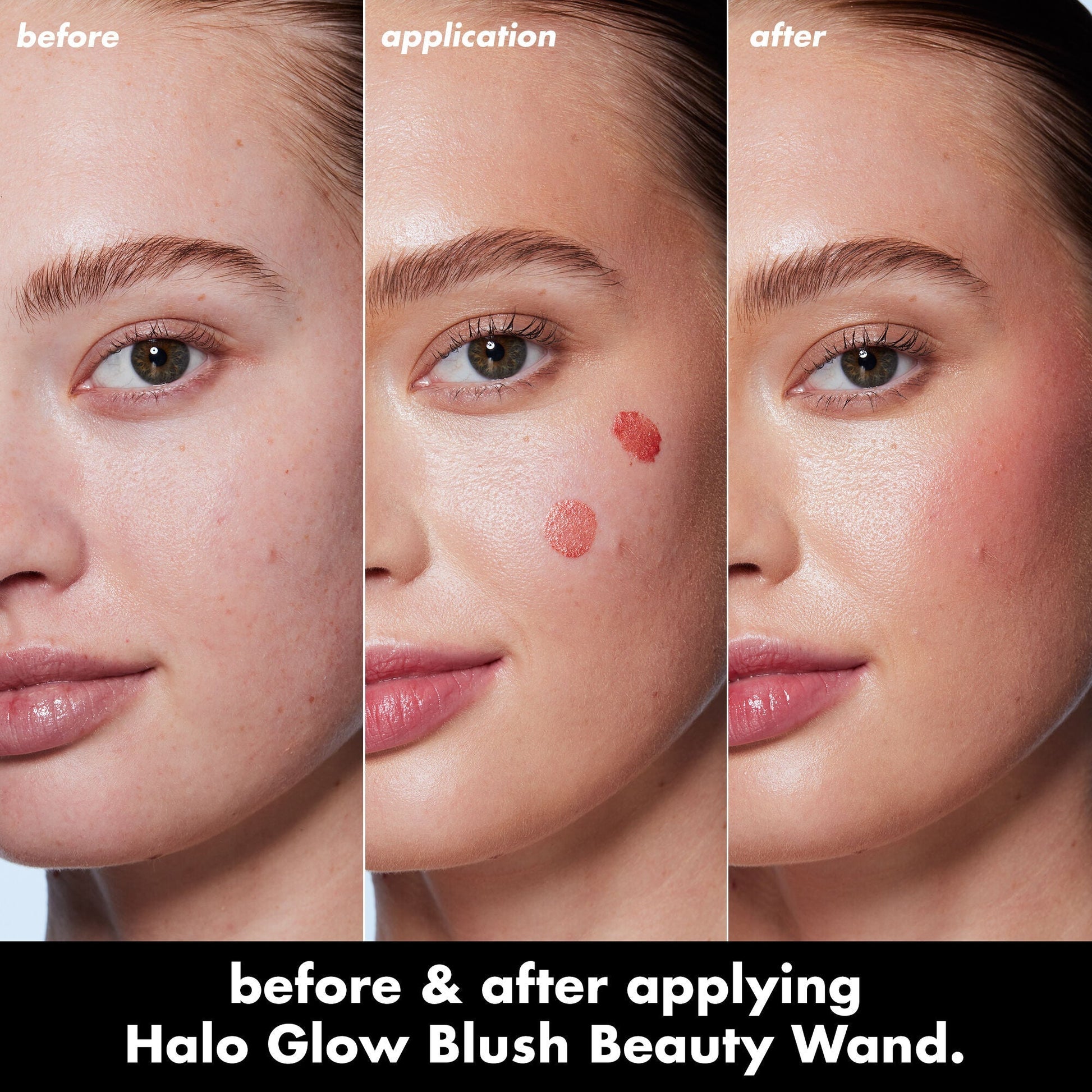Before and after comparison of a woman applying Halo Glow Blush Beauty Wand.