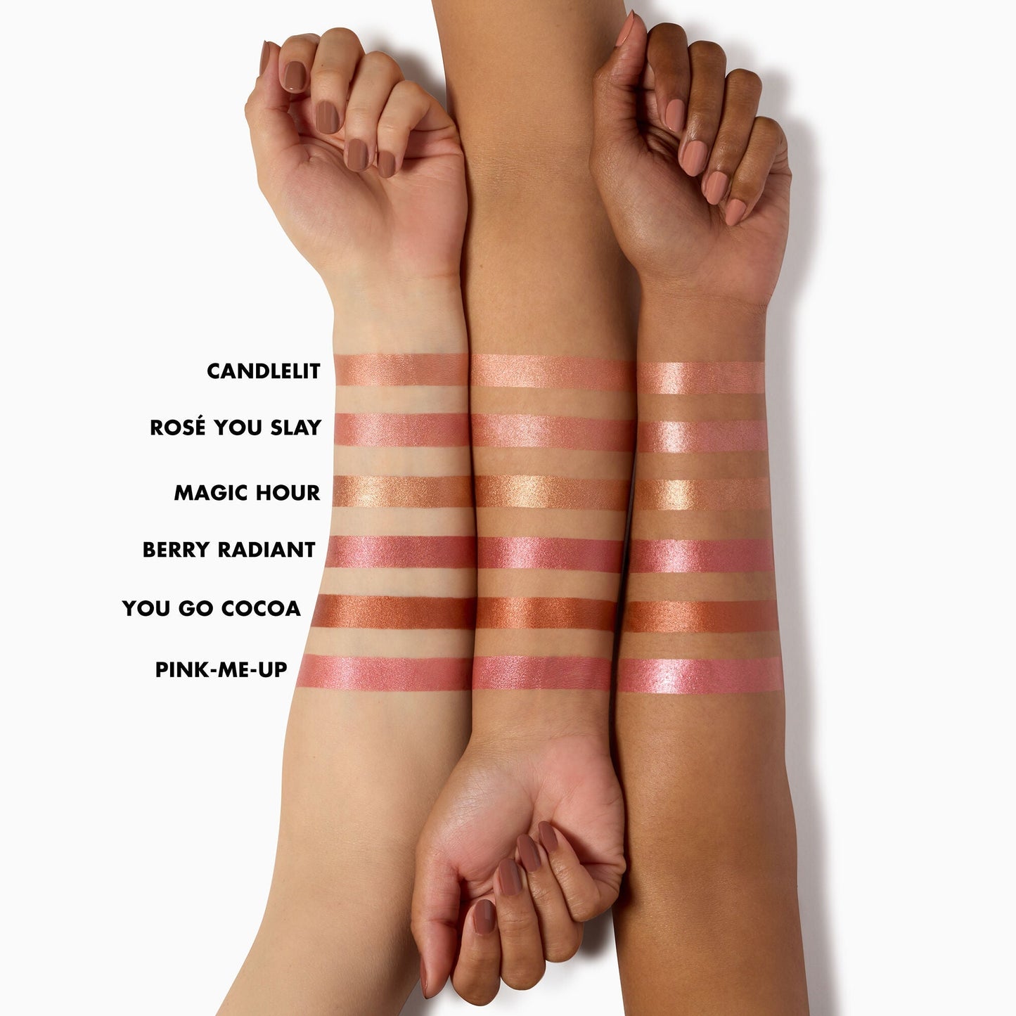Halo Glow Blush Beauty Wand Arm Swatch Shades on Different Skin Tones